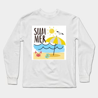 Summer, crab, parasol, slippers, beach, waves, sun Long Sleeve T-Shirt